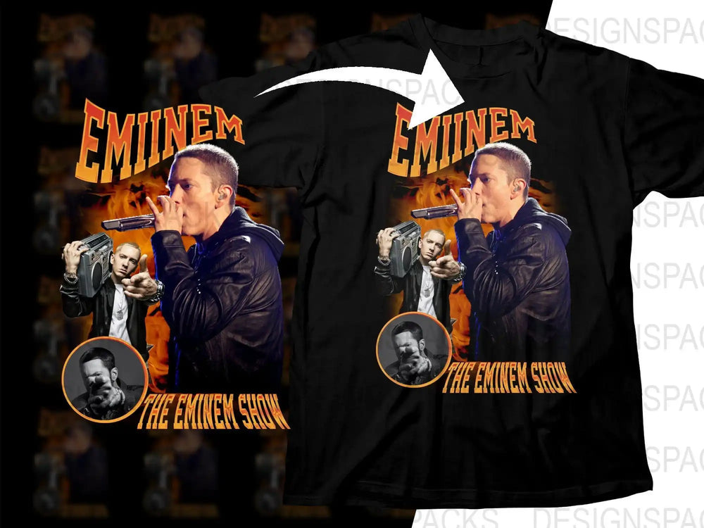 Eminem concert t-shirt design with 'The Eminem Show' text and fiery graphics