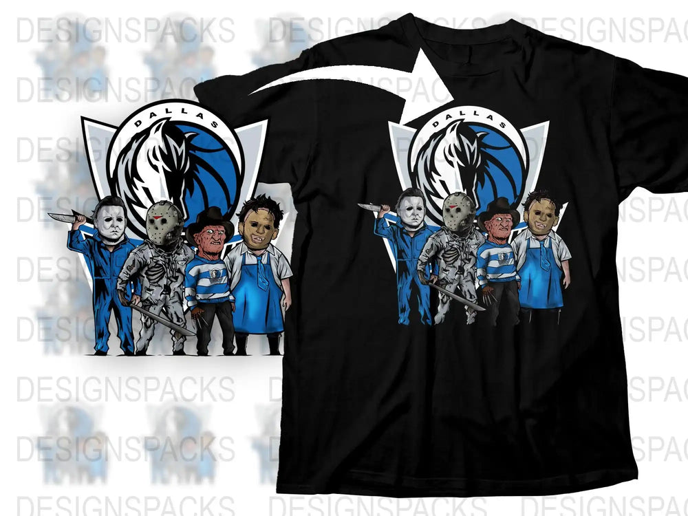 Dallas Mavericks horror character t-shirt design with iconic villains in team colors