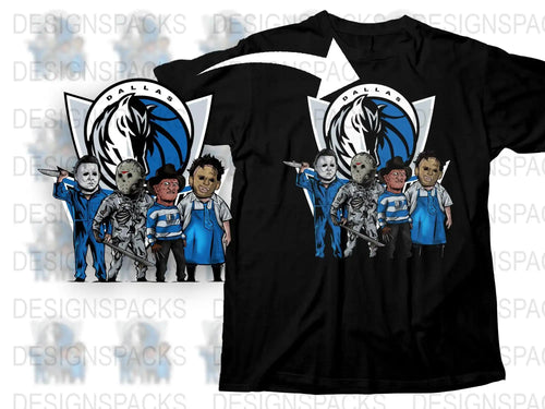 Dallas Mavericks horror character t-shirt design with iconic villains in team colors