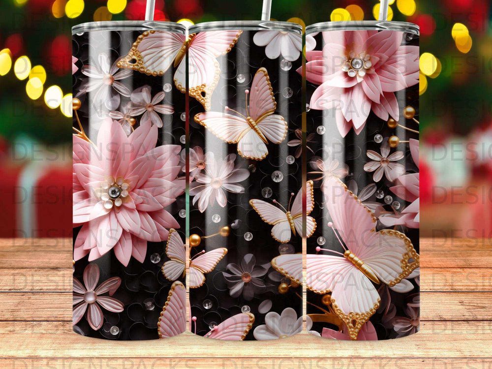 Black tumbler with pink flowers and golden butterflies.