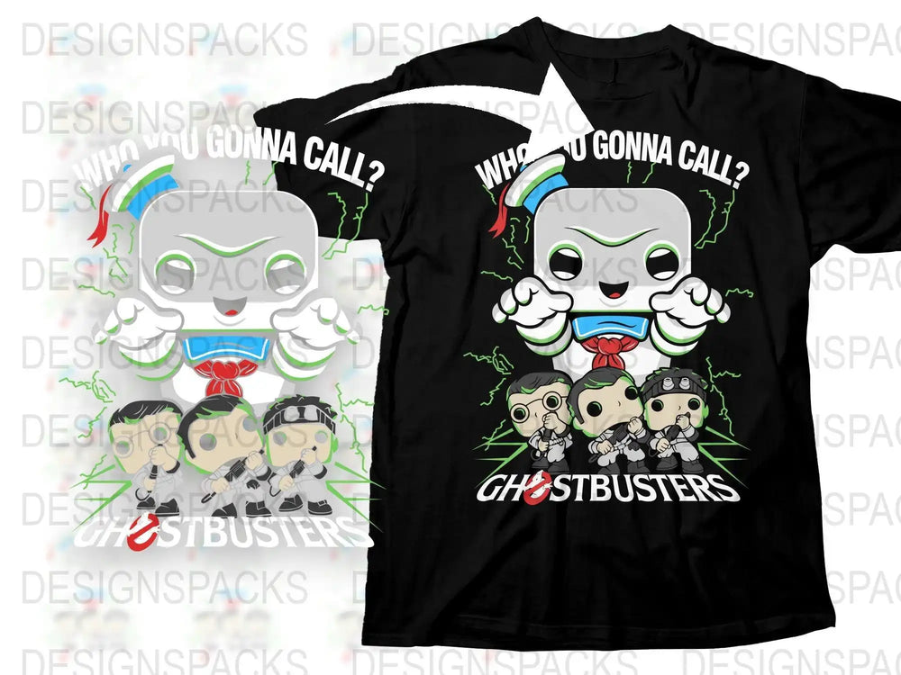 Ghostbusters t-shirt design with cute characters and 'Who You Gonna Call?' text