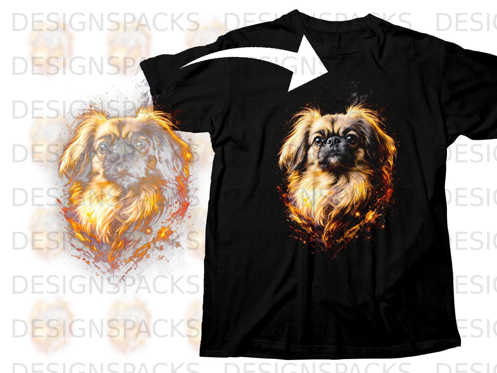 Black t-shirt with a vibrant, fiery dog graphic on the front.