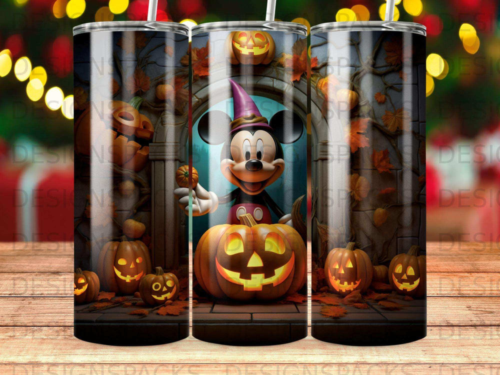 Mickey Mouse in a Halloween costume holding a jack-o'-lantern.