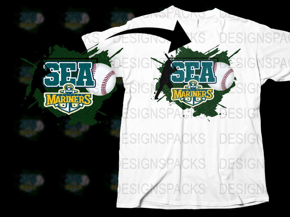 Seattle Mariners baseball design on white t-shirt with green splatter and player silhouette
