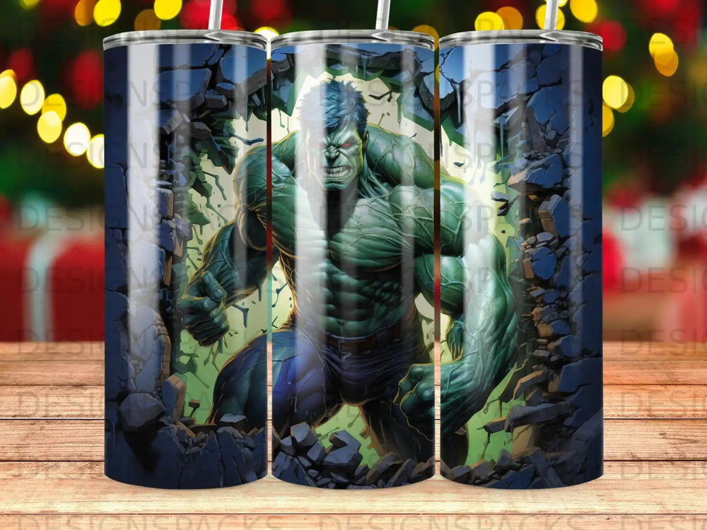 The Hulk smashing through a wall, depicted on a tumbler.