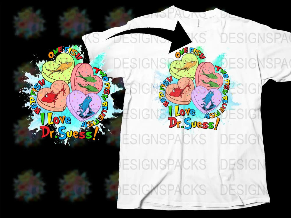 Dr. Seuss One Fish Two Fish design on white t-shirt, print-ready for DTF DTG, colorful hearts with fish