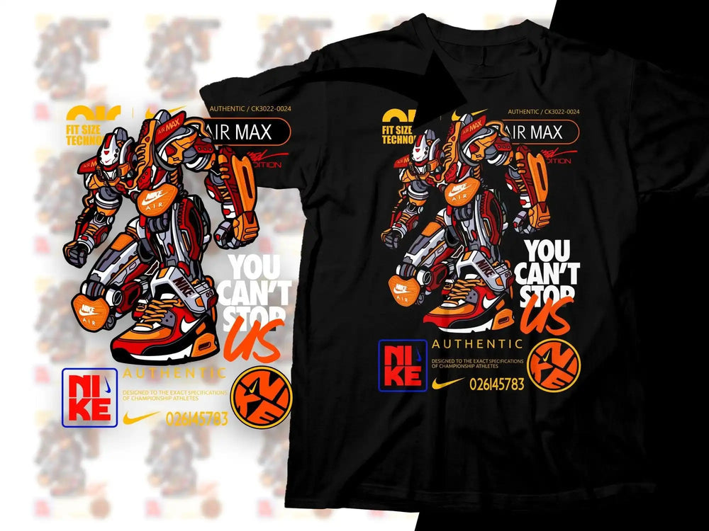 Black t-shirt with robot design featuring Nike Air Max sneakers and 'You Can't Stop Us' text.