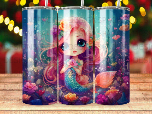 Mermaid with pink hair holding a flower, surrounded by colorful coral and plants.