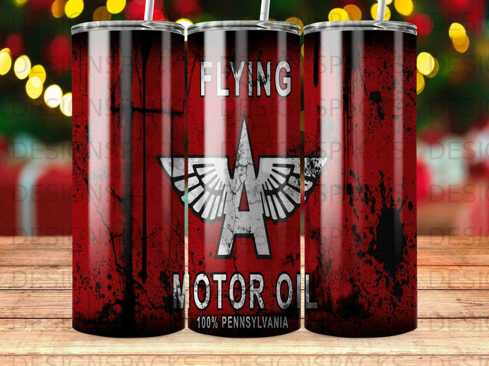 Red and black tin with "Flying A" logo and "Motor Oil 100% Pennsylvania" text.