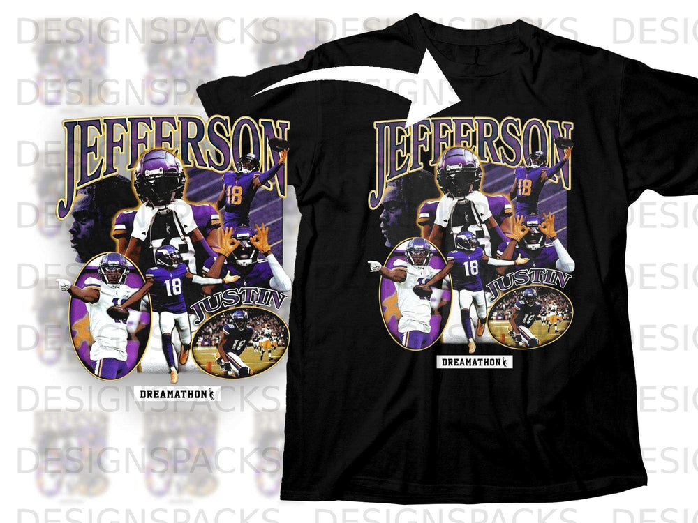 Justin Jefferson graphic on a black t-shirt with "Dreamathon" text.