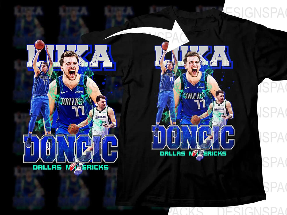 Luka Doncic Dallas Mavericks basketball t-shirt design, print-ready DTF/DTG graphic with dynamic action poses and team branding