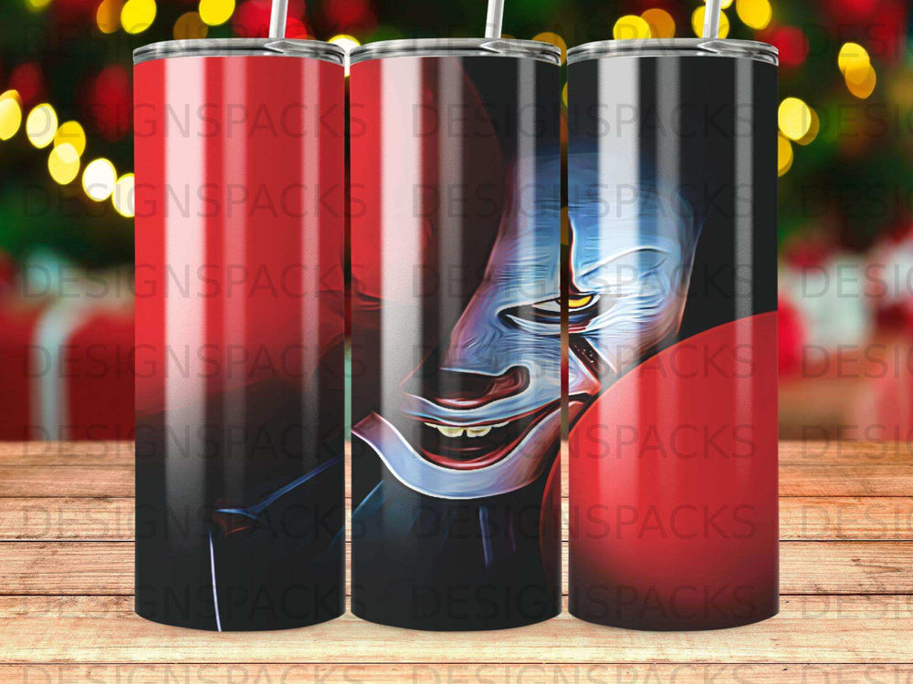 Creepy clown face on a tumbler with red and yellow background elements.