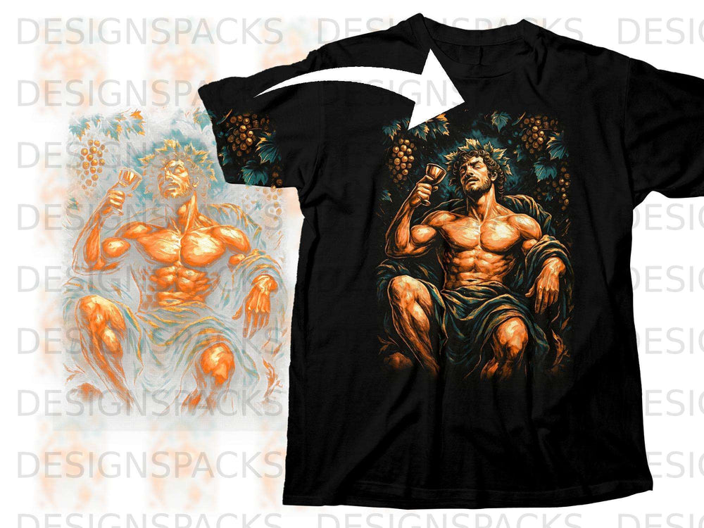 Black t-shirt with a graphic of a muscular man with a laurel crown drinking wine.