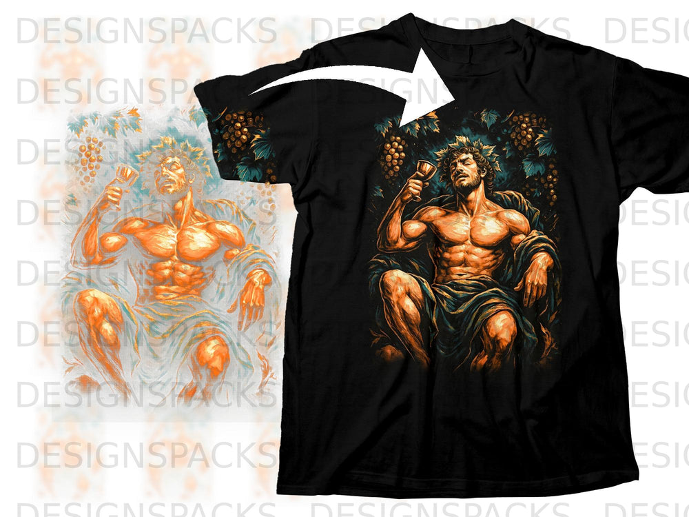 Black t-shirt with a graphic of a muscular man with a laurel crown drinking wine.