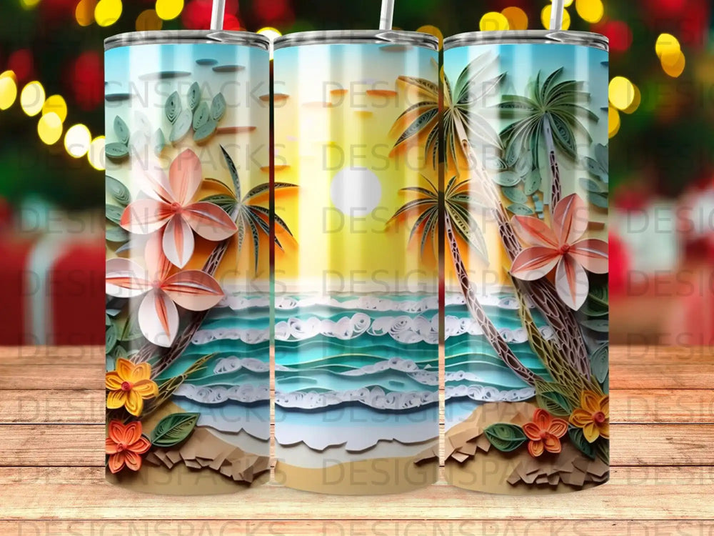 Paper-cut art tumbler with tropical sunset, ocean waves, palm trees, and flowers.