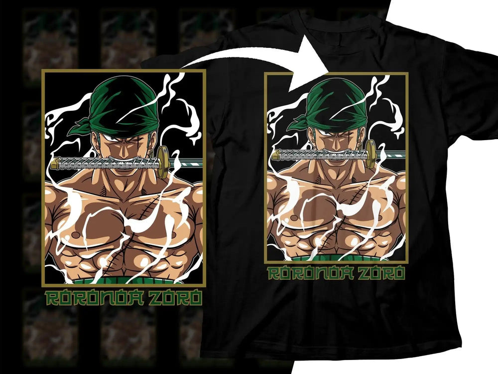 Roronoa Zoro anime design on black t-shirt with electric effects and sword