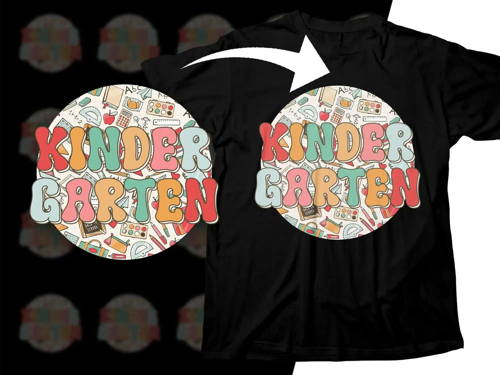 Kindergarten-themed t-shirt design with colorful school supplies and playful typography
