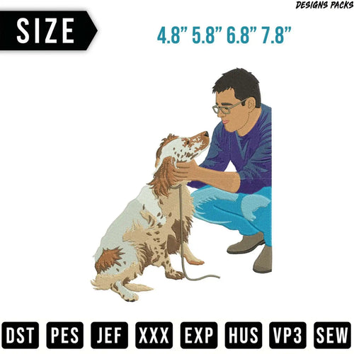 Man gently holding a brown and white dog, with size options listed.