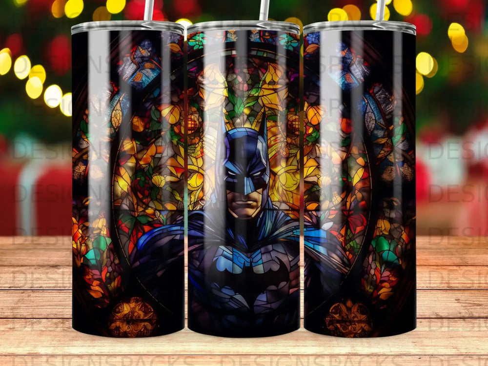 Batman stained glass tumbler with colorful glowing background.