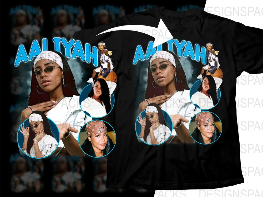 Aaliyah tribute t-shirt design with collage photos, blue text, and bandana graphics for DTG/DTF printing