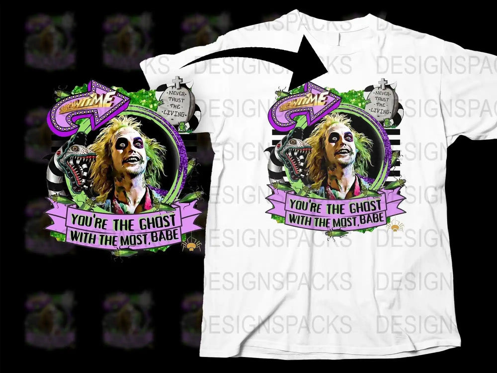Beetlejuice t-shirt design with 'You're the Ghost with the Most, Babe' text, vibrant colors, and spooky elements.