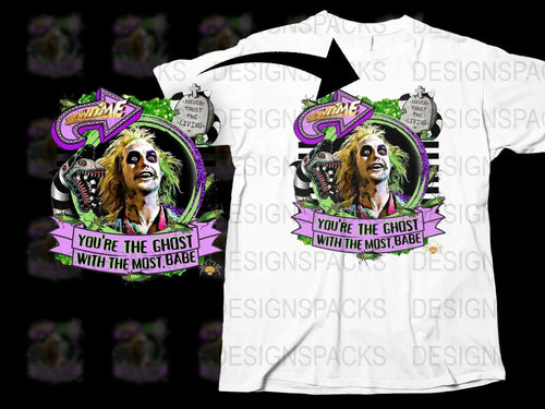 Beetlejuice t-shirt design with 'You're the Ghost with the Most, Babe' text, vibrant colors, and spooky elements.