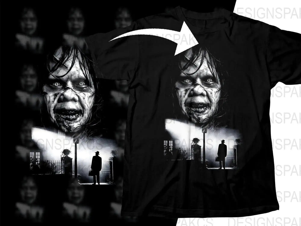 Horror movie-inspired t-shirt design with eerie face and spooky scene, perfect for DTF/DTG printing