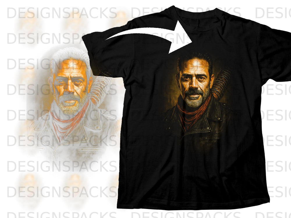 Black t-shirt with artwork of a man with a barbed-wire bat.