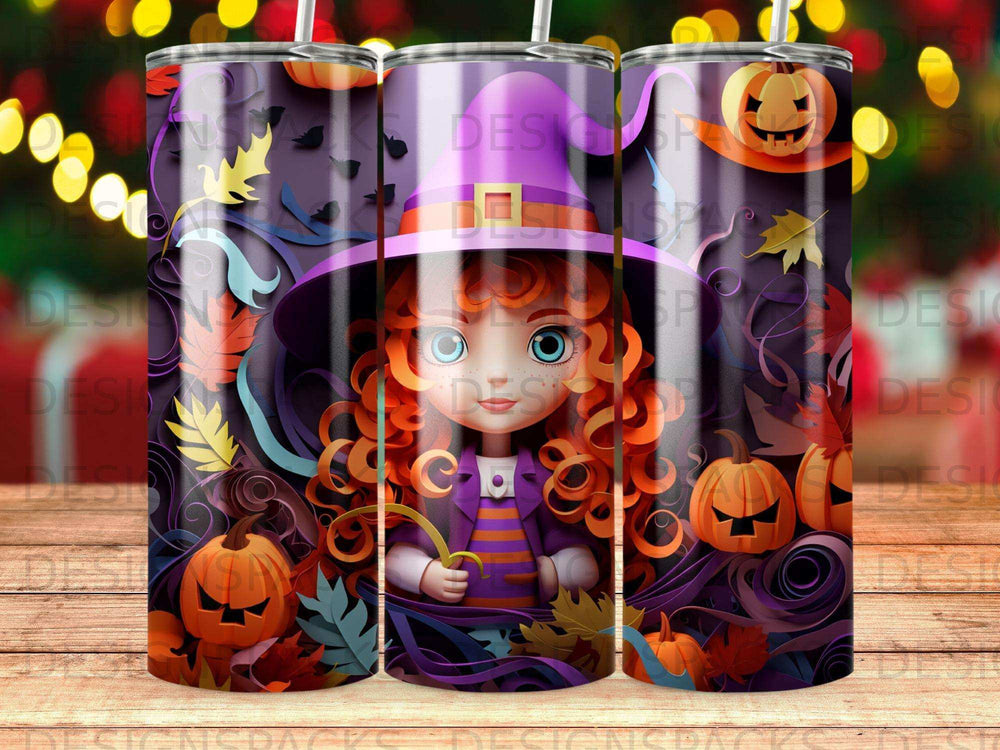 Halloween tumbler with a witch character, pumpkins, and autumn leaves.