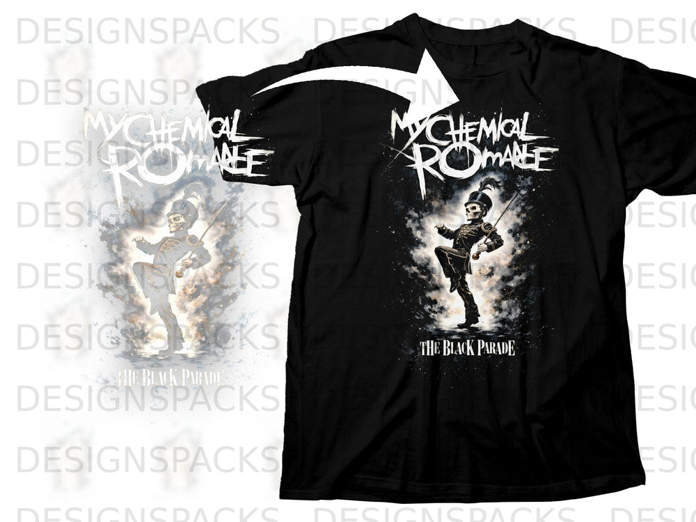 Black t-shirt with My Chemical Romance "The Black Parade" skull graphic.