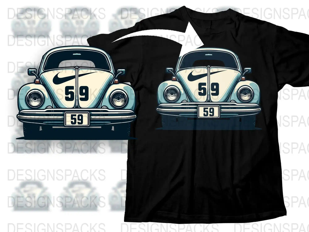 Vintage Volkswagen Beetle with number 59 and Nike logo on black t-shirt design