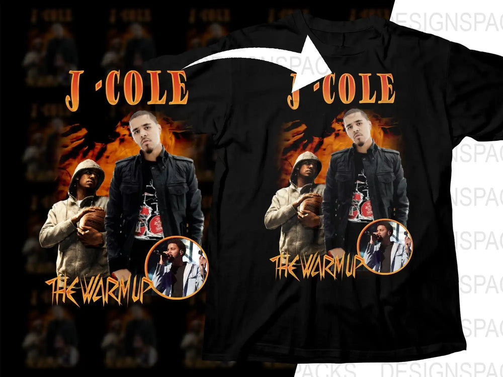 J Cole The Warm Up t-shirt design with fiery graphics and artist images for print-ready apparel