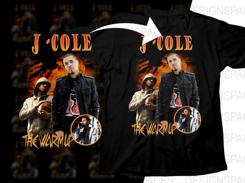 J Cole The Warm Up t-shirt design with fiery graphics and artist images for print-ready apparel