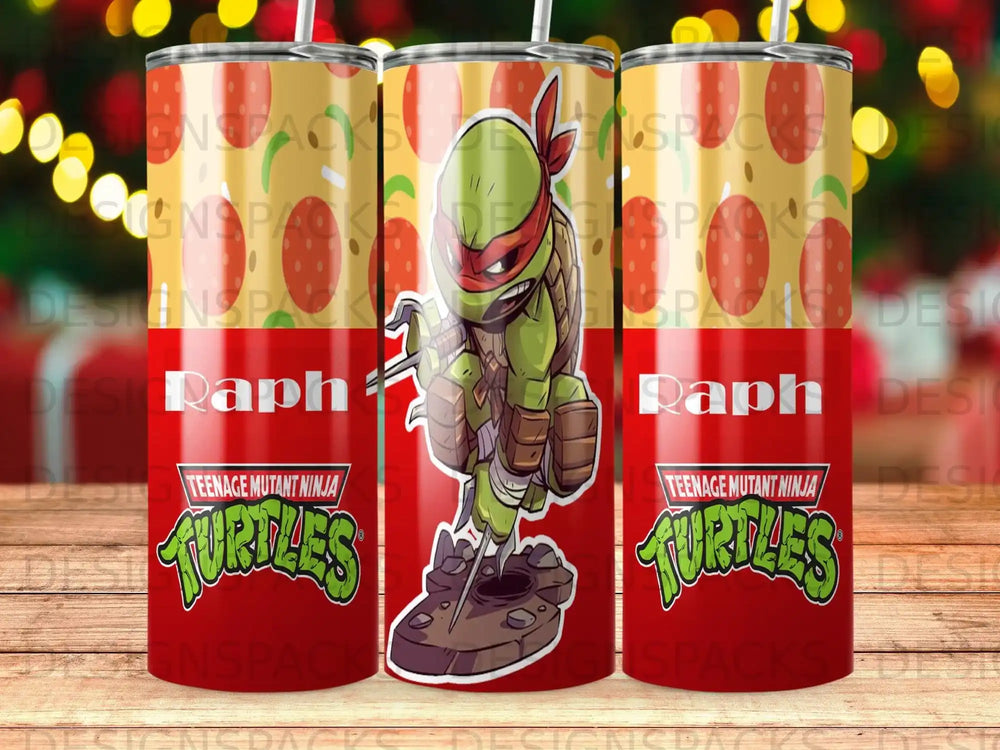 Teenage Mutant Ninja Turtles Raph tumbler with pizza and cityscape background.