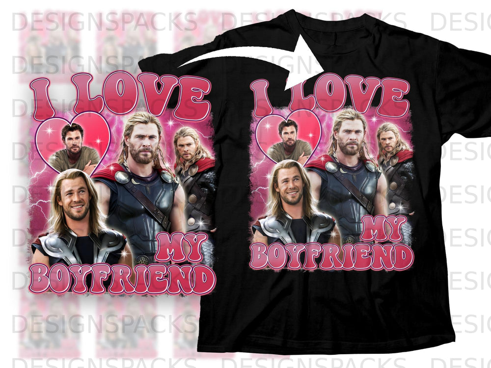 Black t-shirt with "I Love My Boyfriend" text and Thor imagery.