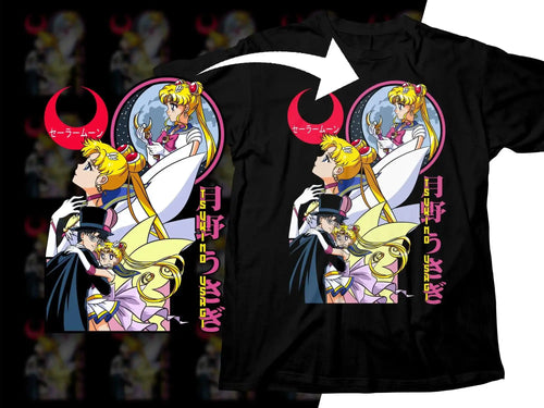 Sailor Moon anime design on black t-shirt with Japanese text and crescent moon graphics