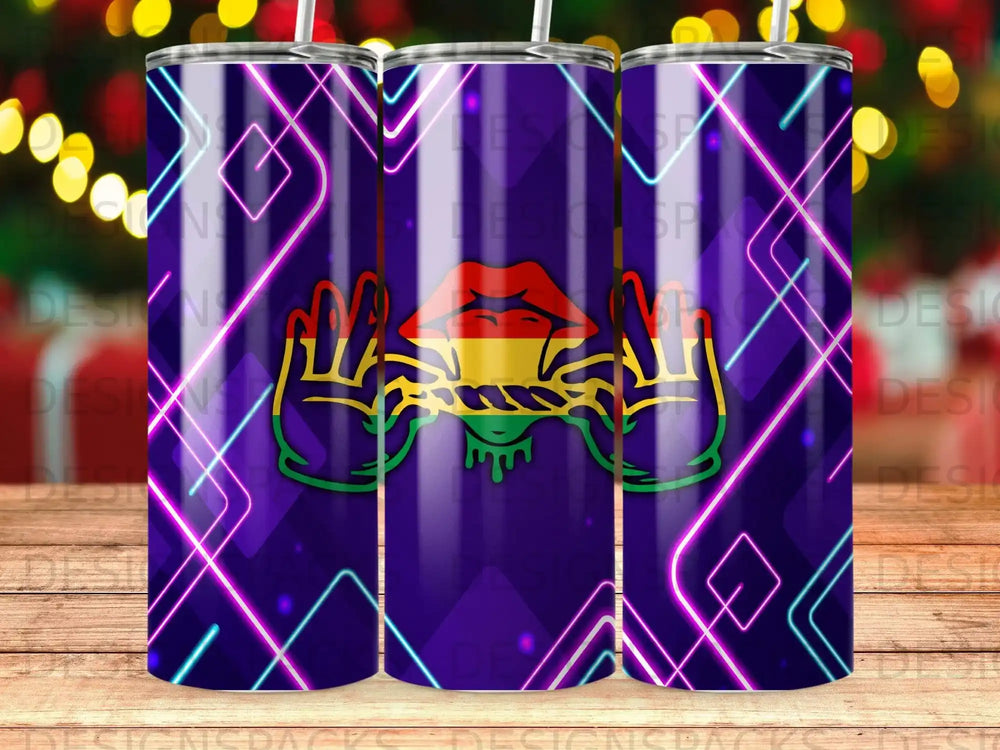 Purple tumbler with glowing neon geometric lines and a stylized red, yellow, and green flag.