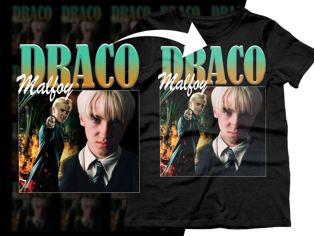 Draco Malfoy t-shirt design with gradient text and movie scene print, ideal for DTF/DTG printing