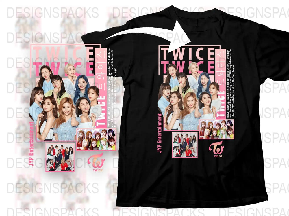 TWICE K-Pop Band Graphic T-Shirt, Fanmade Merchandise, Colorful Photo Collage, Stylish Music Tee, Multiple Poses, Black T-Shirt