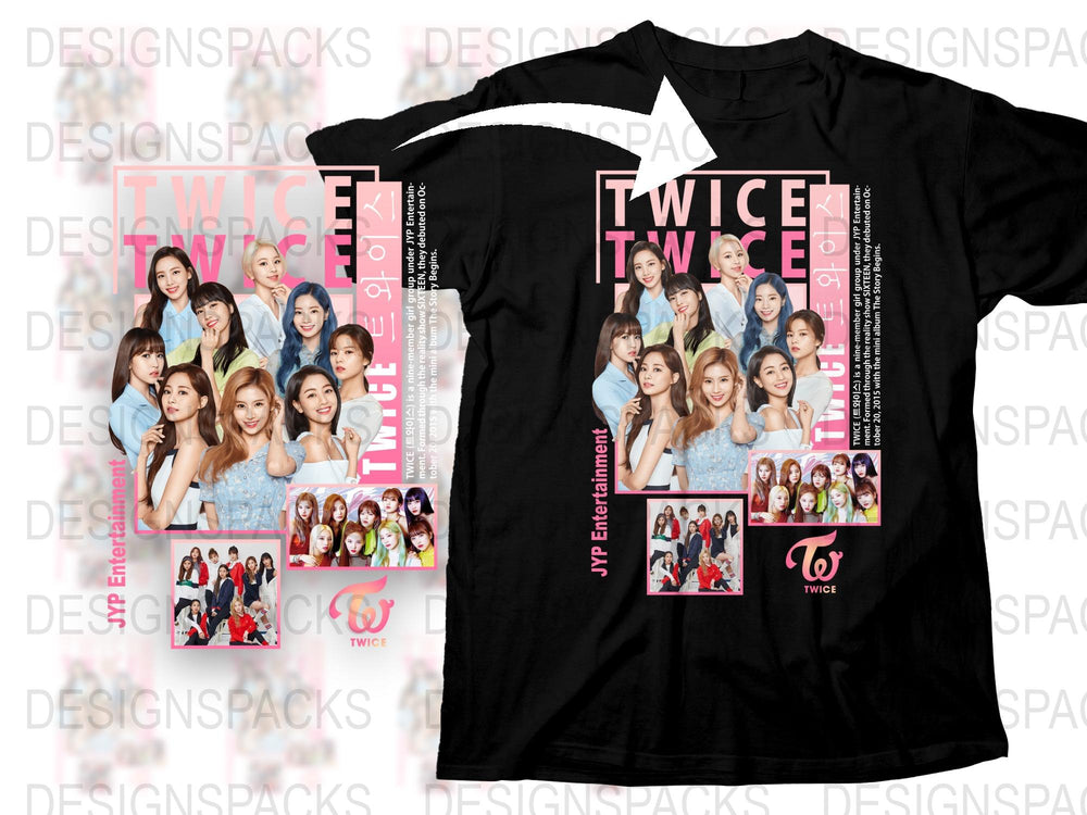 TWICE K-Pop Band Graphic T-Shirt, Fanmade Merchandise, Colorful Photo Collage, Stylish Music Tee, Multiple Poses, Black T-Shirt