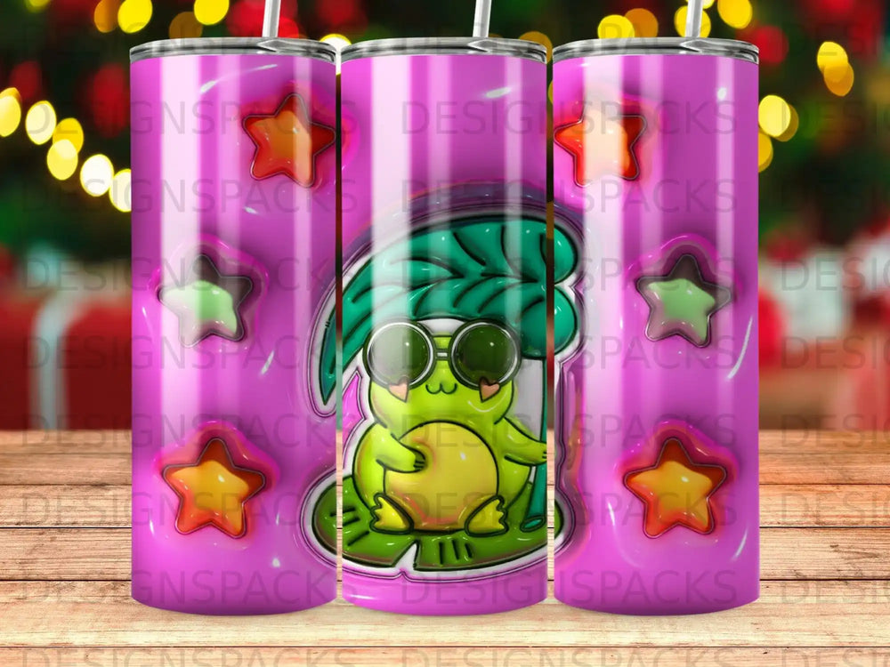 Green frog wearing sunglasses and a leaf hat on a tumbler.