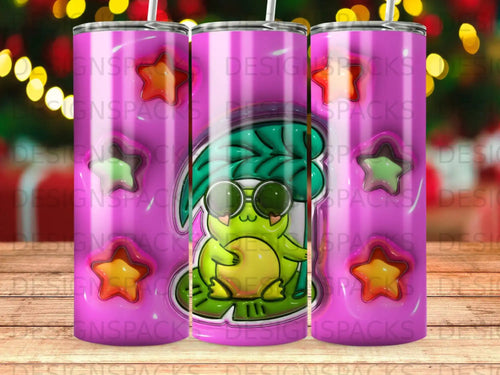 Green frog wearing sunglasses and a leaf hat on a tumbler.