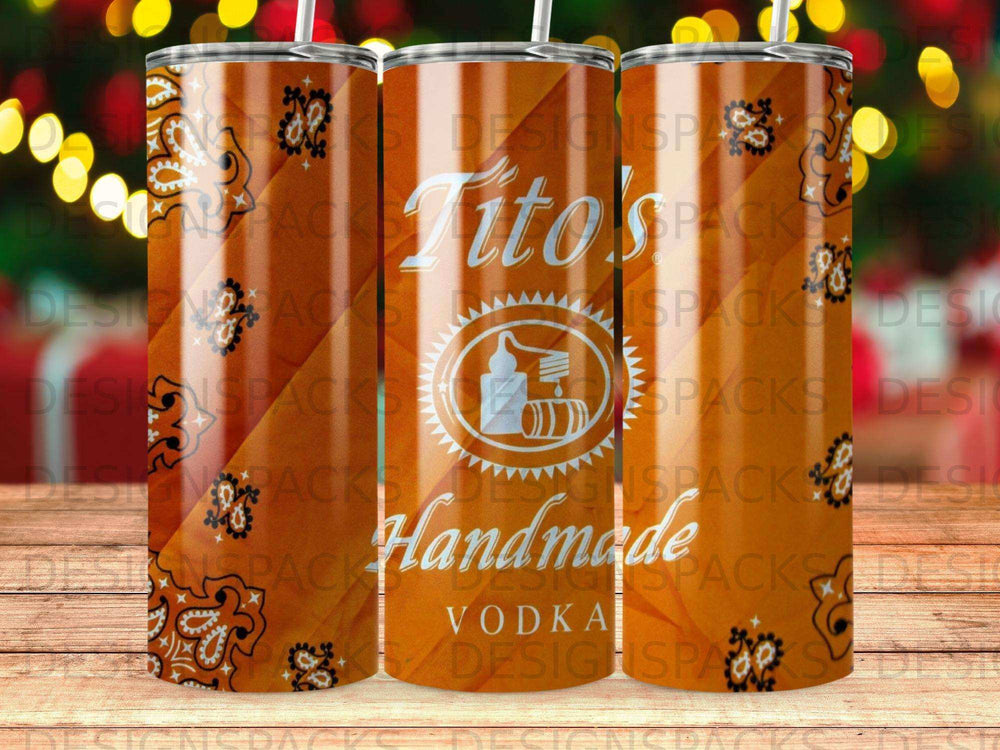 Tito's Handmade Vodka tumbler with paisley pattern.