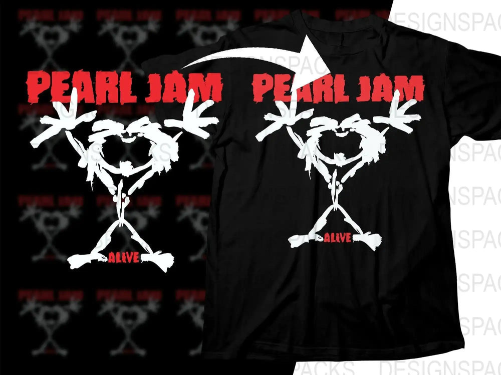 Pearl Jam Alive band t-shirt design with white skeleton graphic and red text, print-ready for DTG or DTF