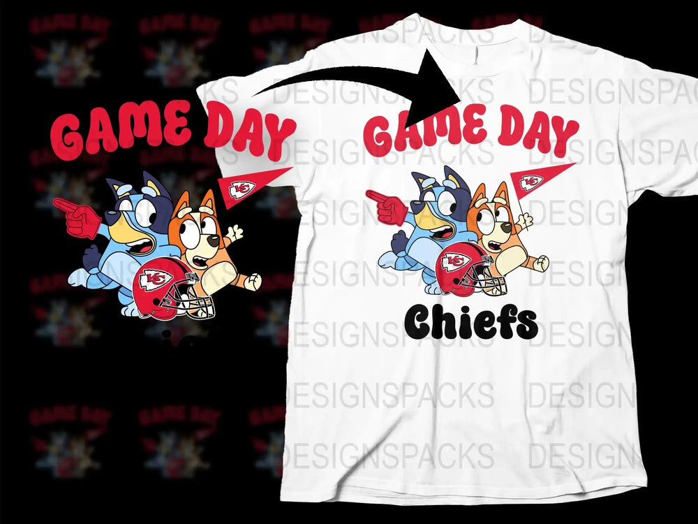 Game Day Chiefs t-shirt with cartoon dogs and football helmet design