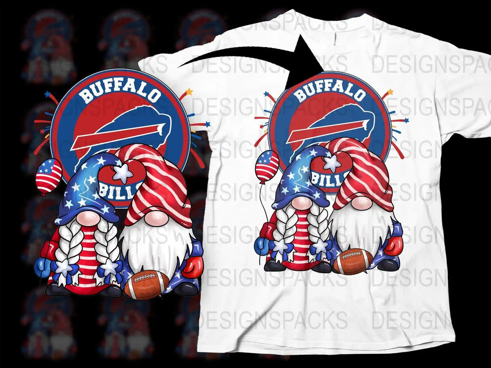 Buffalo Bills gnome design with patriotic colors, football, and team logo for DTG/DTF printing