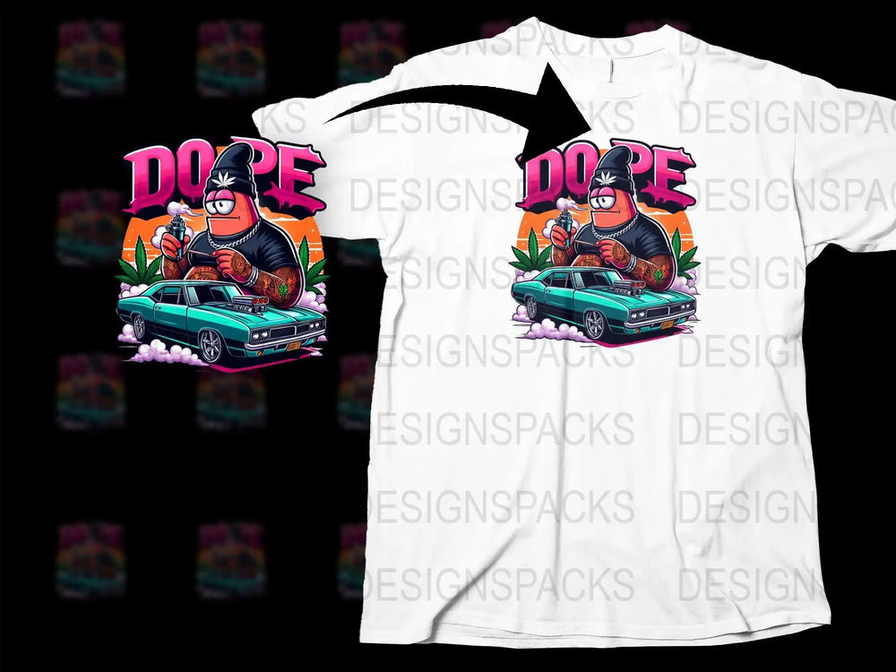 Dope graphic tee with cartoon character, vintage car, and cannabis leaves design