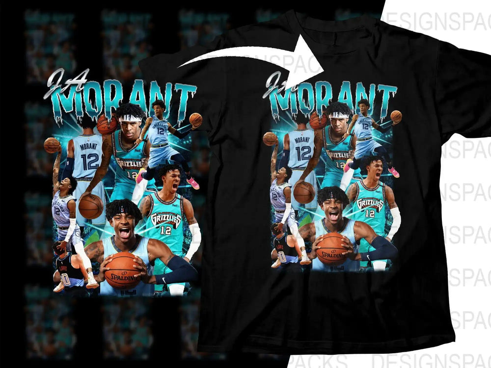 JA Morant Grizzlies basketball design on black t-shirt, featuring dynamic action poses and team colors.