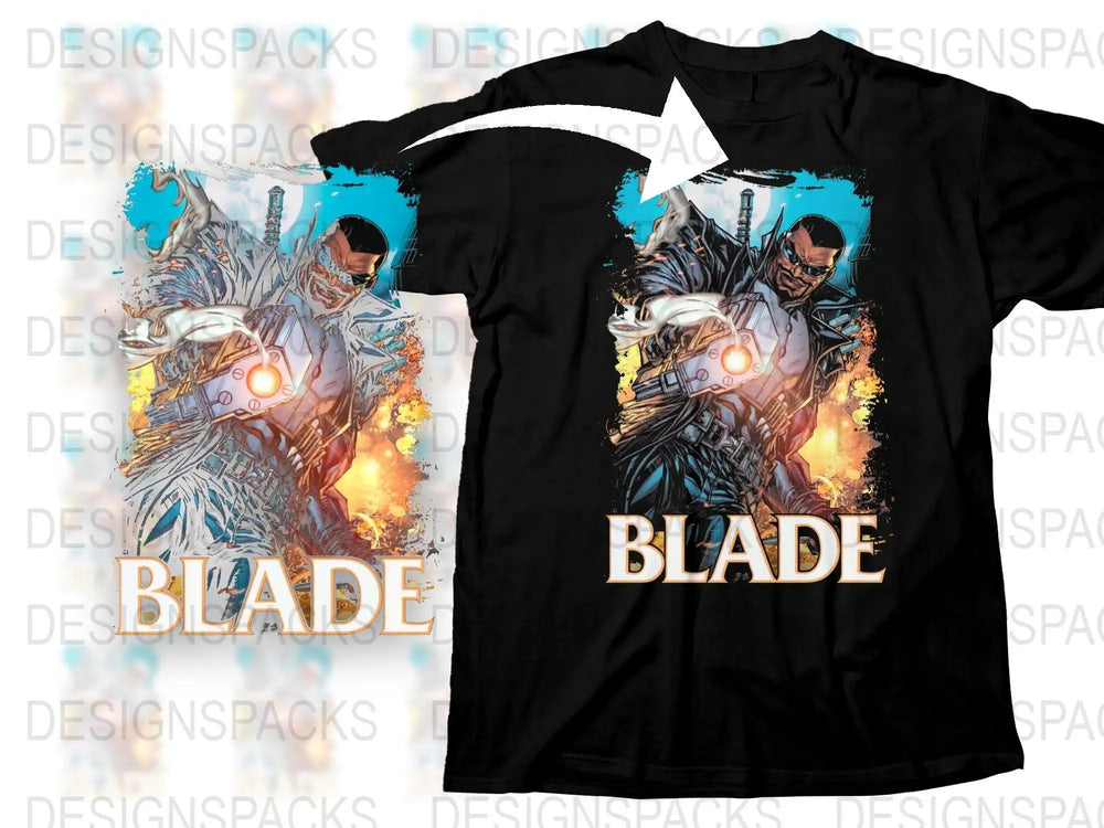 Blade comic superhero design on black t-shirt, print-ready for DTG or DTF