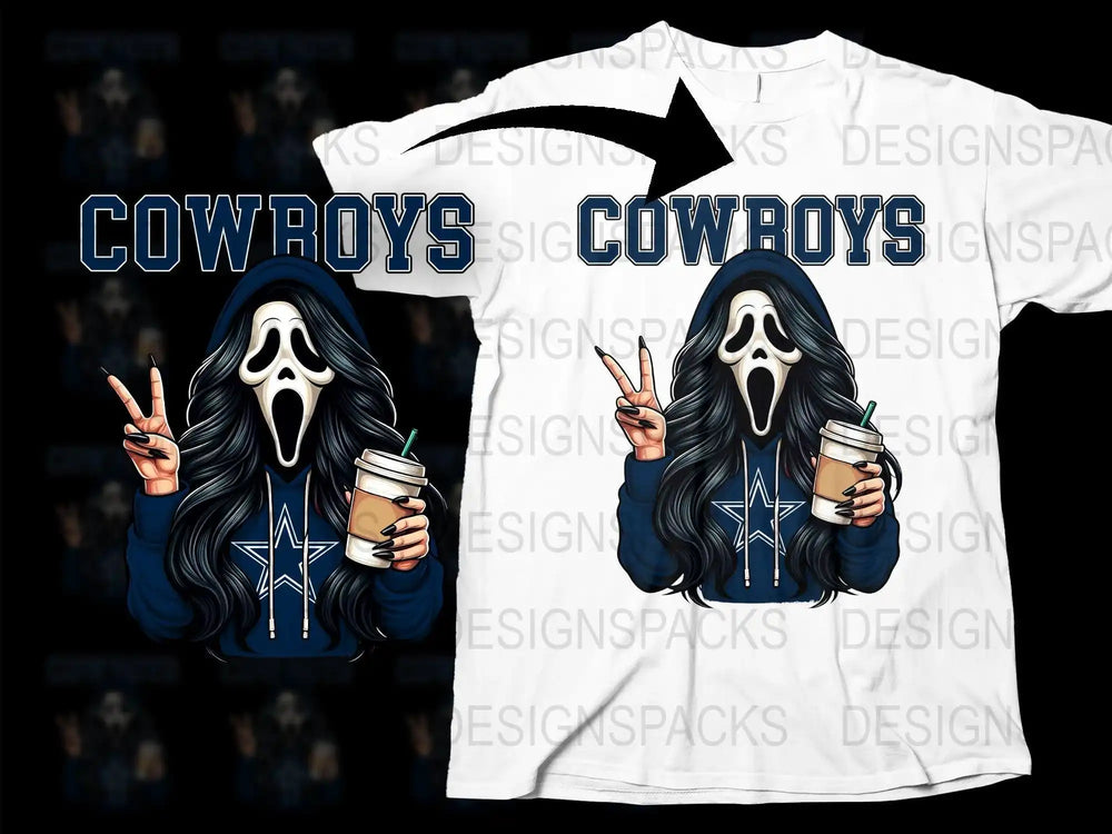 Cowboys Scream mask girl with coffee t-shirt design, DTF/DTG print-ready graphic